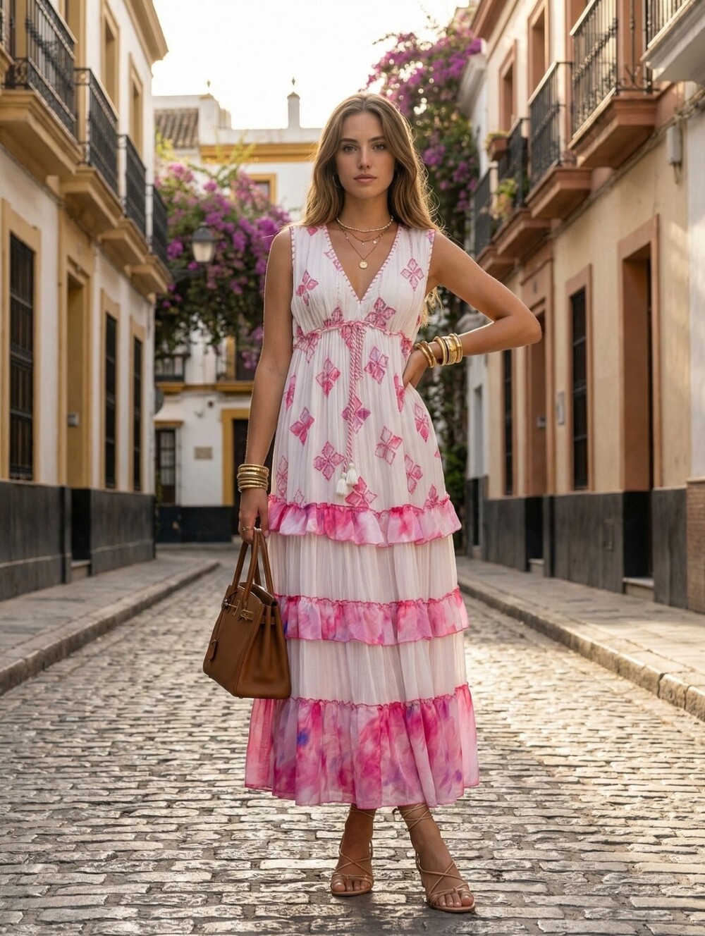 New European Handmade  Sleeveless Ruffled Tiered Tassel Viscose Dress Size M/L